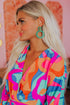 Multi-Color Abstract Print Wrap V Neck Puff Sleeve Dress
